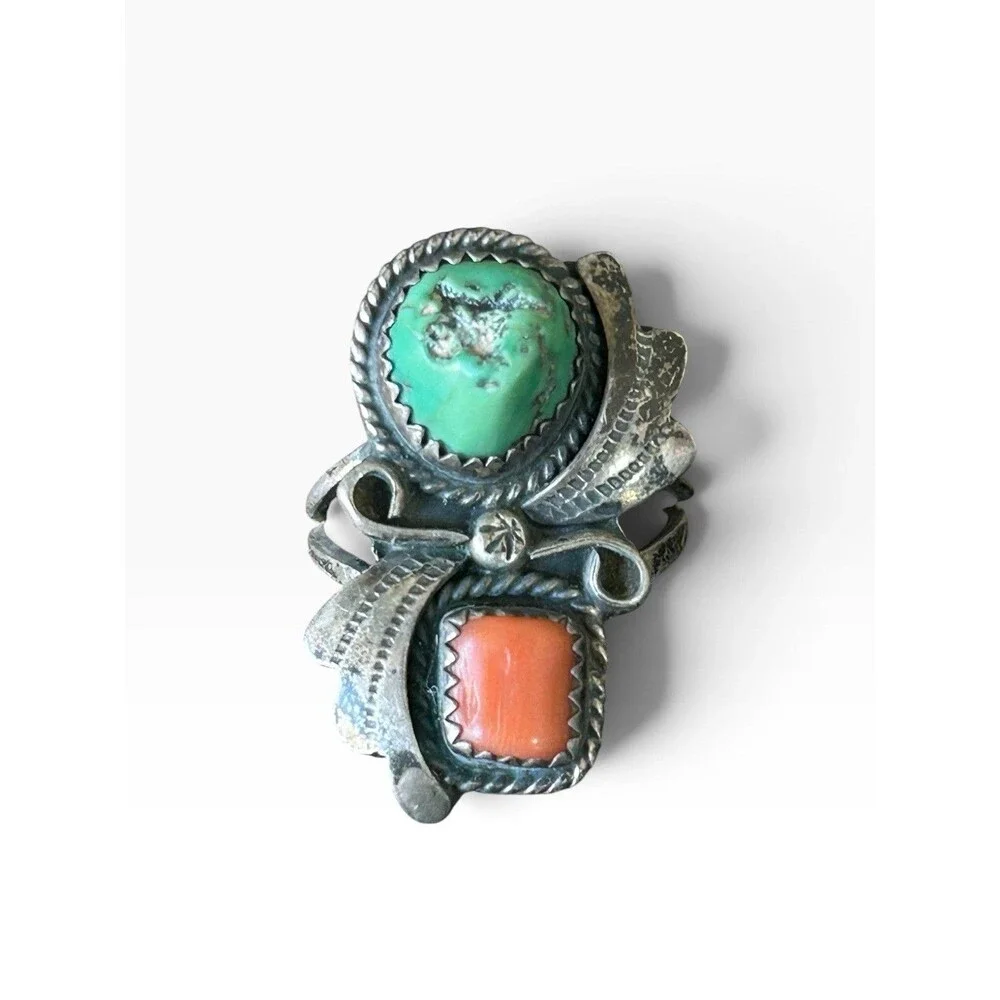 Vintage Sterling Silver Turquoise Coral Ring Southwestern Native Style Size 7.5
